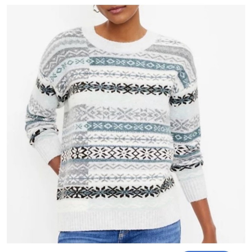 Loft Women's Patchwork Fair Isle Sweater‎ Teal Charcoal Brown Ivory Small 424